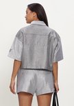 Achterkant van zilverkleurige, glanzende cropped blouse met korte mouwen, met 'ALIX THE LABEL' op de rug.