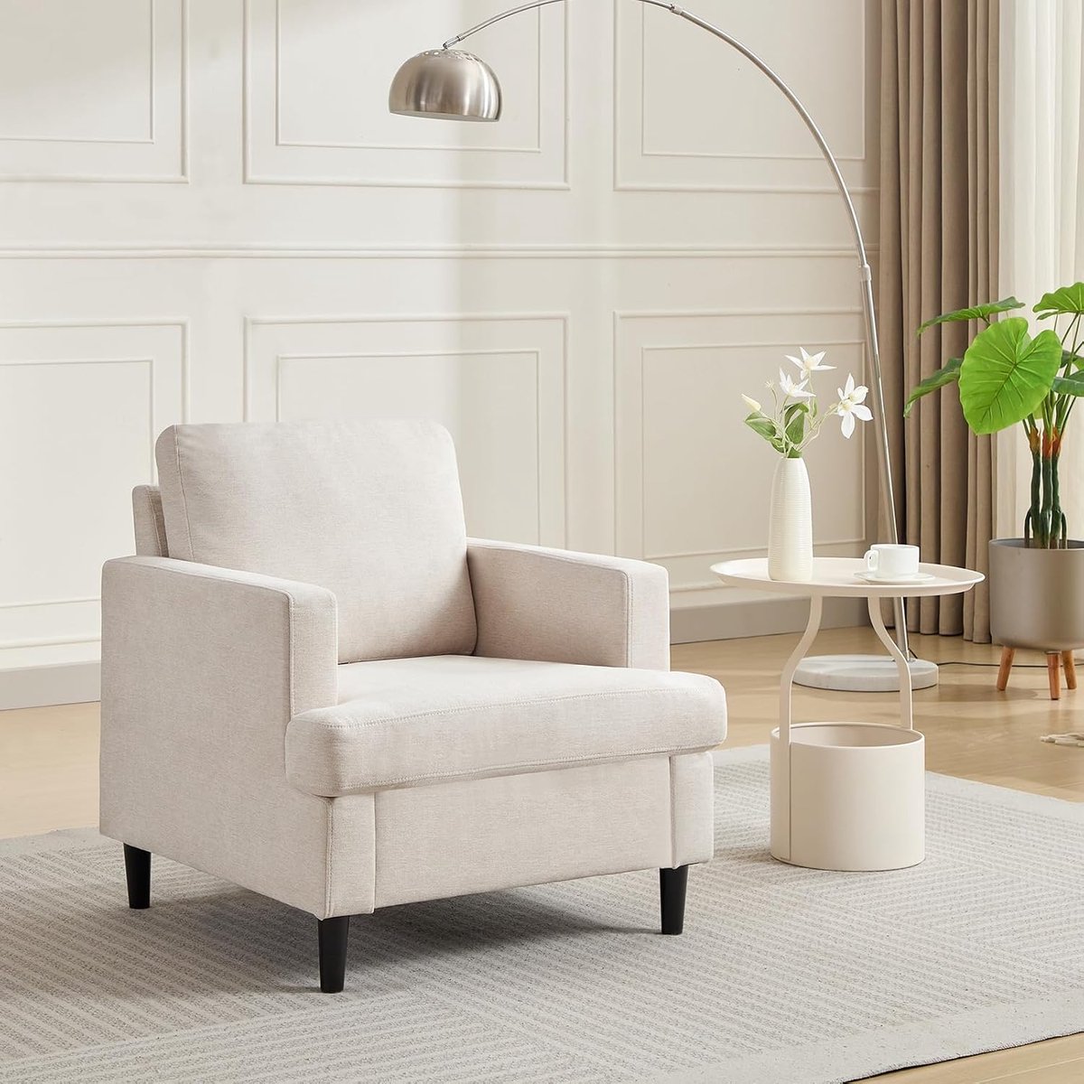 Danky Fauteuil Beige – Scandinavische Accentstoel met Houten Poten & Sierkussen – Comfortabele Relaxstoel Linnen-look voor Woonkamer en Slaapkamer – Retro Armstoel Belastbaar tot 150 kg