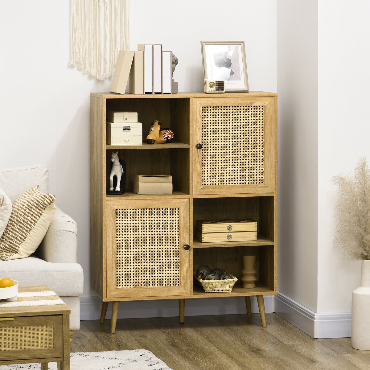 AURA LUMEN Buffetkast-Buffet met houten look en geweven rotan voor woonkamer-90x32,5x120 cm-eiken