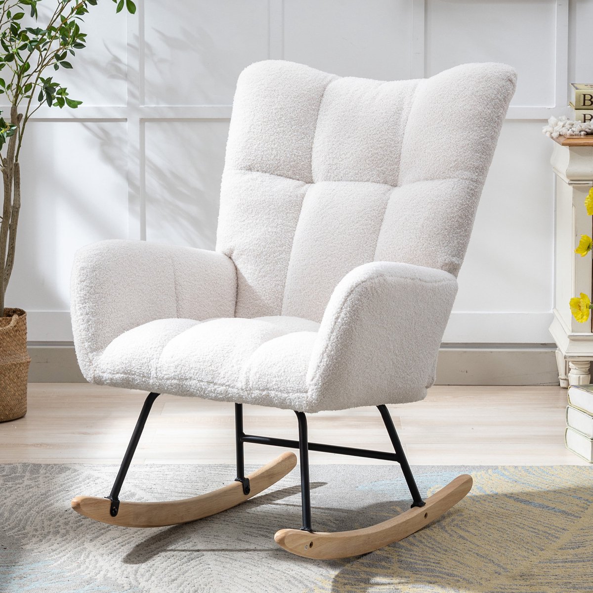 MIVRAY Schommelstoel Fauteuil 65 cm - Ergonomisch Met Armleuningen - Voor Woonkamer, Slaapkamer En Babykamer - Teddy Stof Wit