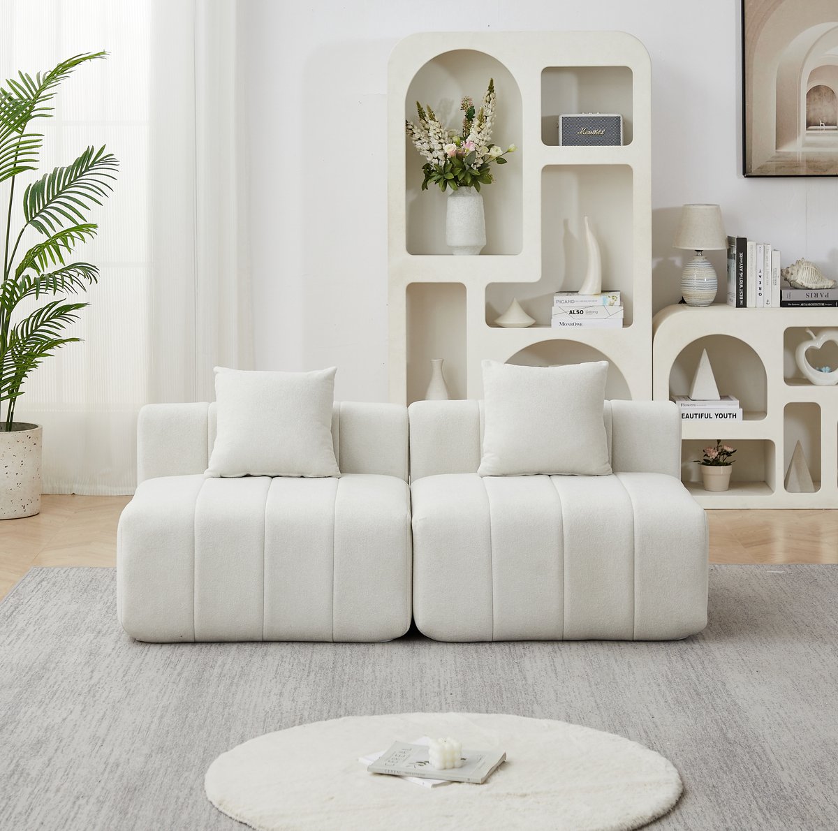 MIVRAY Set 165 x 60,9 x 73,6 cm - Modulaire 2-Zits Bank Met 2 Kussens En Zonder Montage - Voor Woonkamer En Kantoor - Chenille Beige
