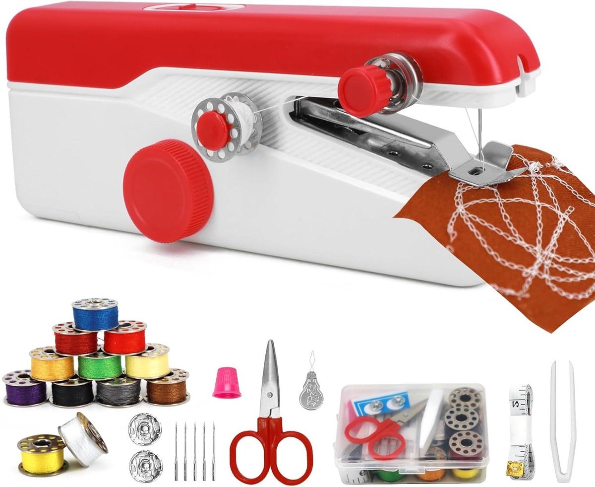 Handnaaimachine Mini - Elektrisch Naaiapparaat - Snelle Stofreparatie - Dubbele Snelheid Instelling - 21x6x13 cm - Rood