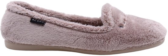 Zijaanzicht van een lichtroze Scapa pantoffel in imitatiebont met merklabel.