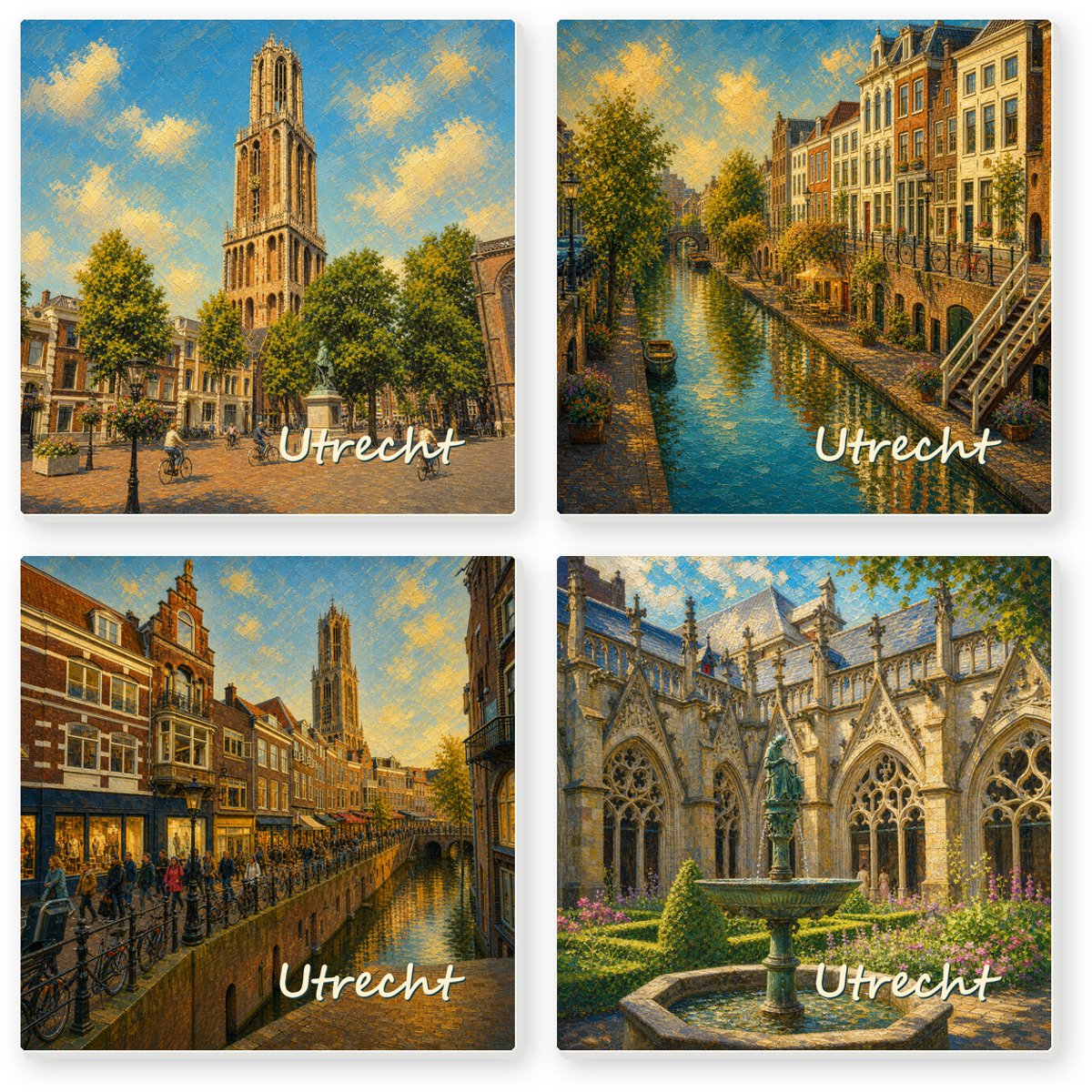 Kleurmedia Tegeltjes Utrecht – Set van 4 – Keramiek 15 x 15 cm – Inclusief 4 transparante houders – Souvenir