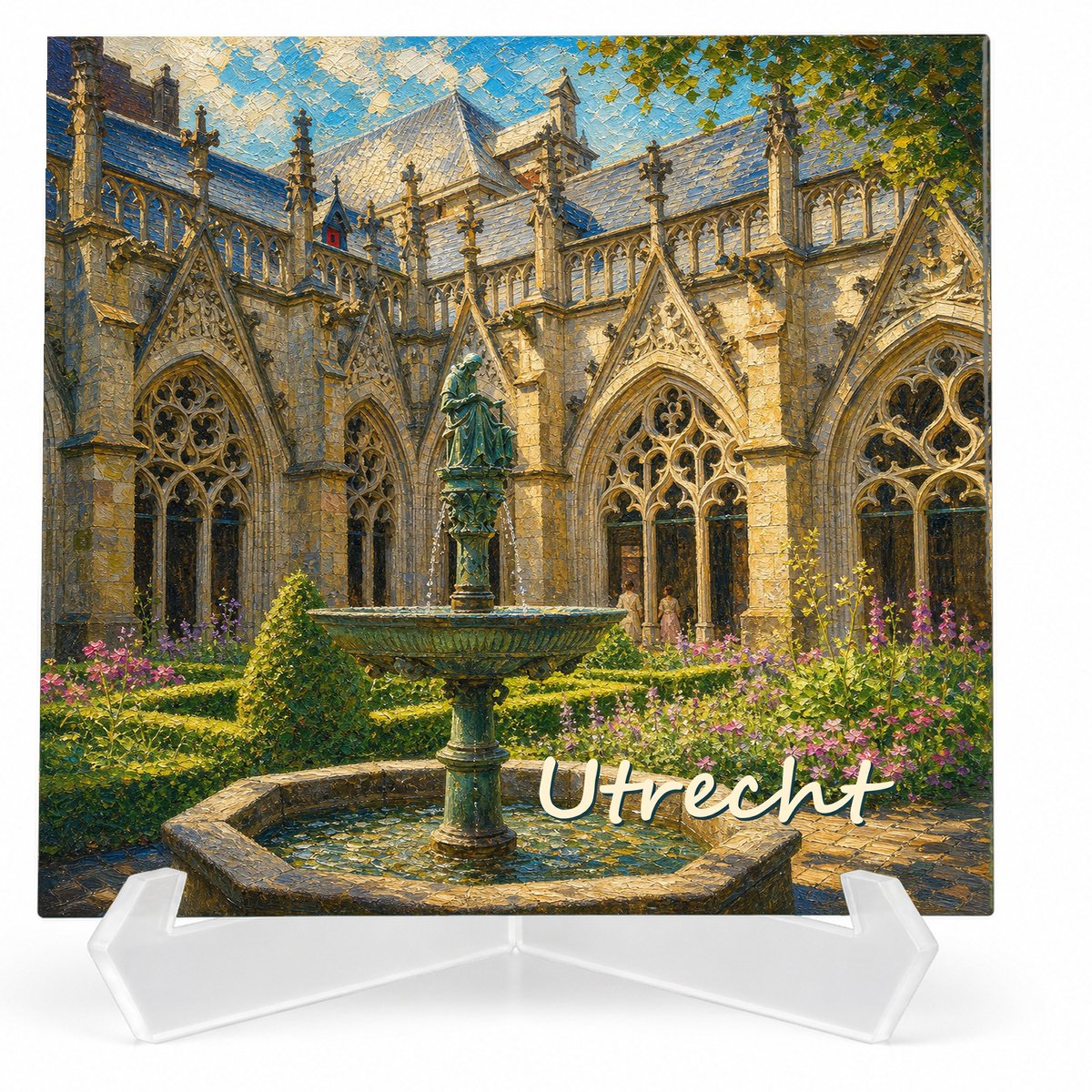 Kleurmedia Tegeltje Utrecht – Pandhof Domkerk – Keramiek 15 x 15 cm – Inclusief transparante houder – Souvenir