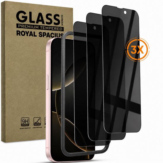 Drie privacy screenprotectors van gehard glas voor een roze iPhone, naast de verpakking.
