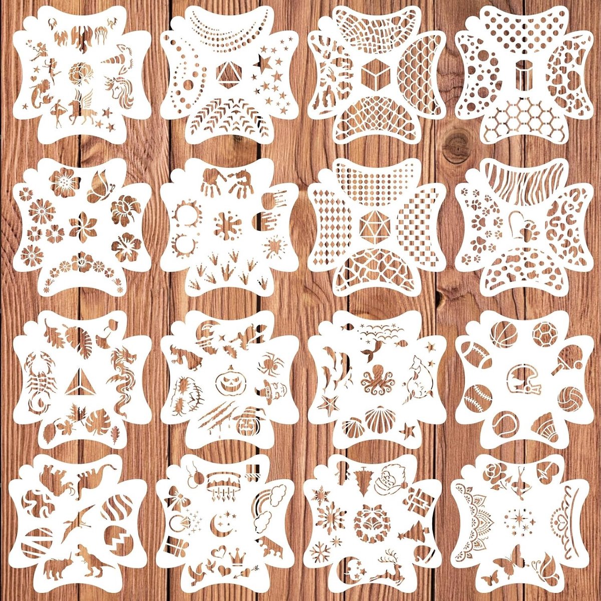 Herbruikbare gezichtsschildering sjablonen, 16 stuks met bloemen, dieren en vormen voor creatieve bodypaint en feestmake-up (20 x 20 cm)
