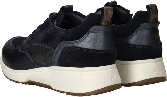Achterkant van donkerblauwe Xsensible veterschoenen met ritssluiting en witte zolen.