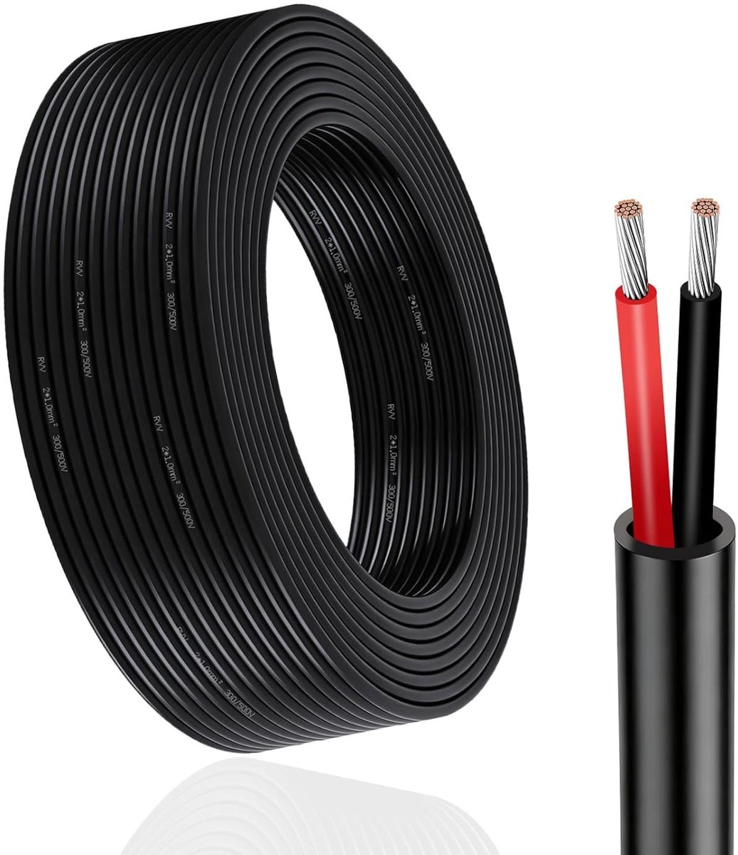 Ronde 2-draads kabel 2 x 1.0 mm², 100 m, rood/zwart, voor 12V/24V toepassingen, tinned koper draad voor aanhangwagen verlichting, auto-elektriciteit en bootuitrusting