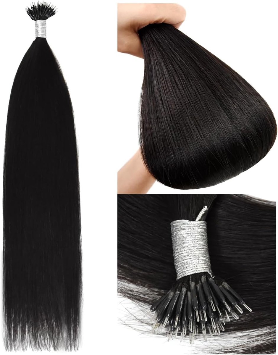 Echte Haar Nanoring Extensions 50 g, Nano Tip Haar Extensions, 45 cm, #1B Natuurlijk Zwart, Kwaliteit en Comfort