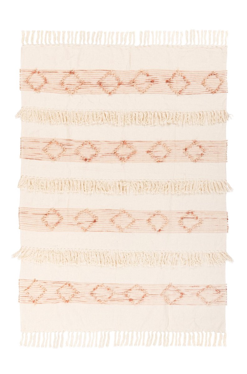 Padiro woonplaid - 130 x 170 cm - Roze / Crème - Boho, Decoratief patroon - Wol - met franjes