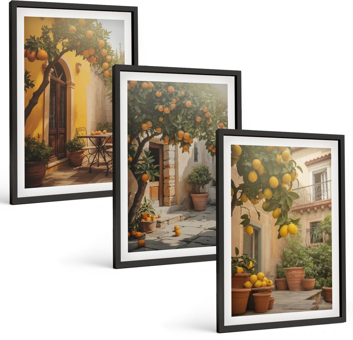 Coloray 3-Delige Schilderij Set - Zonnig Terras Met Citrusbomen En Potten. - 40 x 60 cm - Muurdecoratie - Interieur Decoratie - Decoratieve Schilderijen