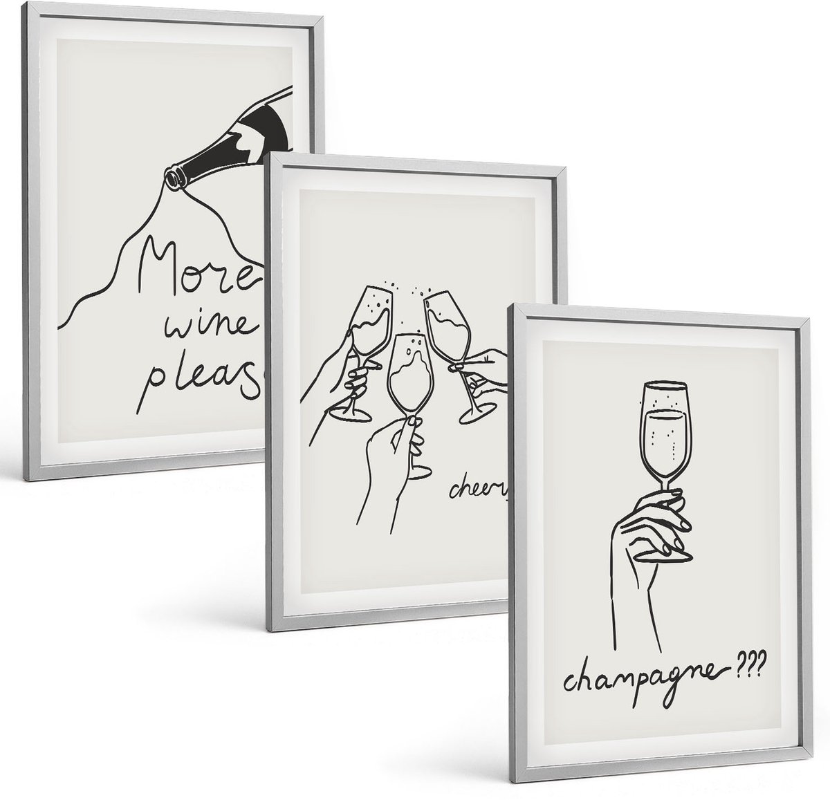 Coloray 3-Delige Schilderij Set - Vrolijke Momenten Met Wijn En Champagne - Lijntekening - 40 x 60 cm - Decoratieve Muurdecoratie - Slaapkamer - Interieur Decoratie