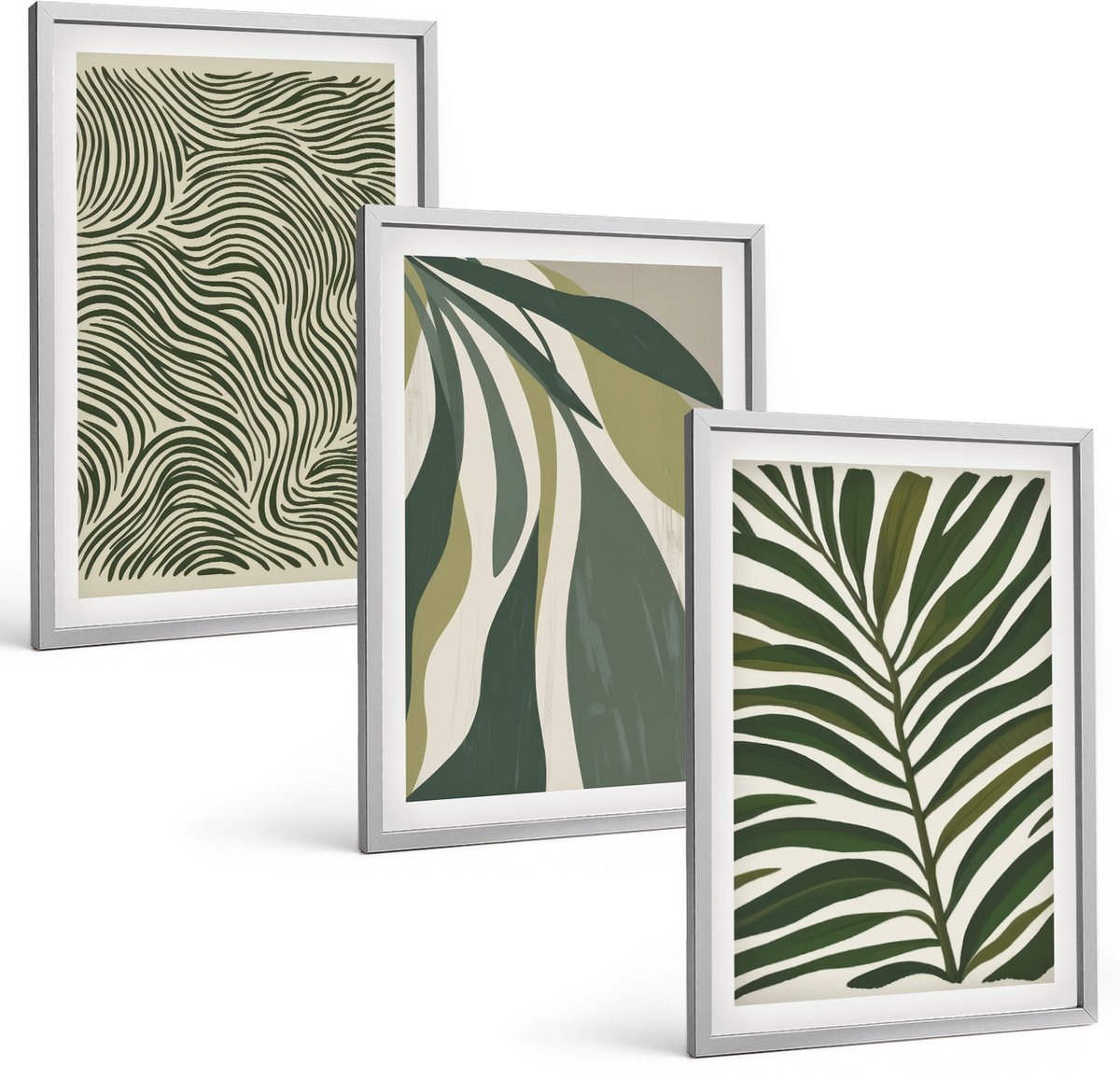 Coloray 3-Delige Schilderij Set - Bladpatronen En Golvende Lijnen In Groene Tinten - 40 x 60 cm - Wanddecoratie - Schilderijen Set - Kantoor - Decoratieve Schilderijen