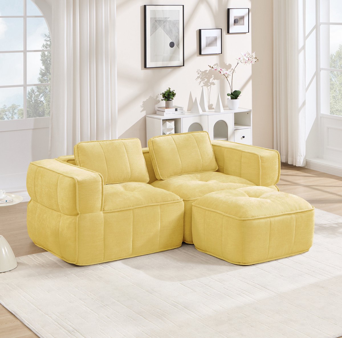 REDOM - Hoekbank - Modulair L-vormig ontwerp met hocker - 32D hoogdichtheidsschuim - Antislip basis - Moderne stijl - Woonkamer - Polyester - Geel - 198 x 162 x 67 cm