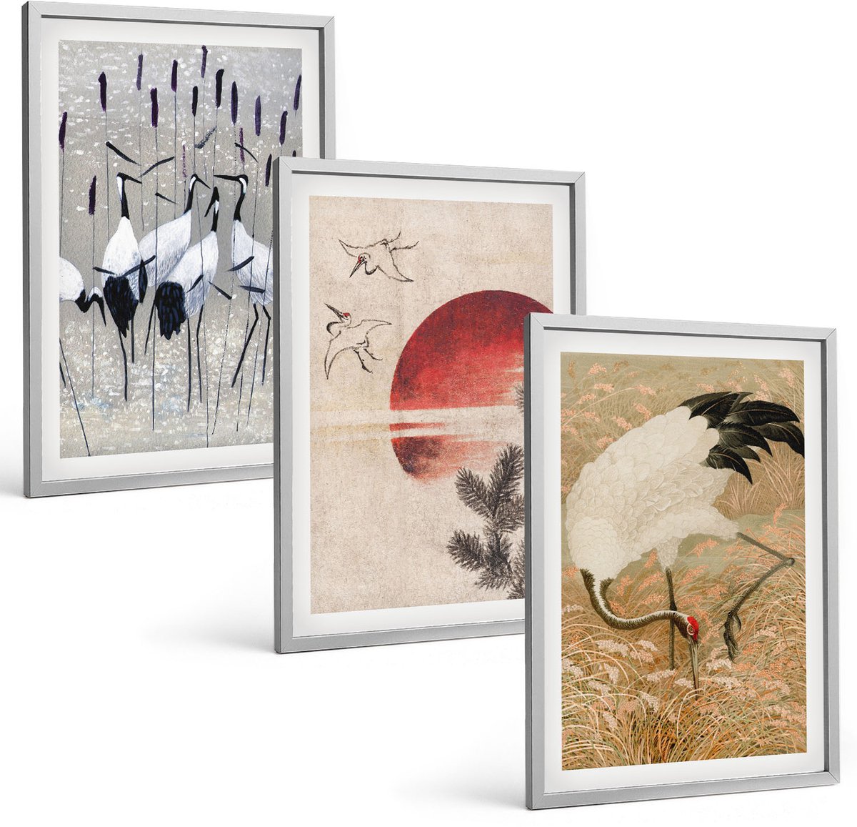 Coloray 3-Delige Schilderij Set - Illustraties Van Japanse Kraanvogels Japandi Landschap - 40 x 60 cm - Muurdecoratie - Wanddecoratie - Hal - Moderne Wanddecoratie