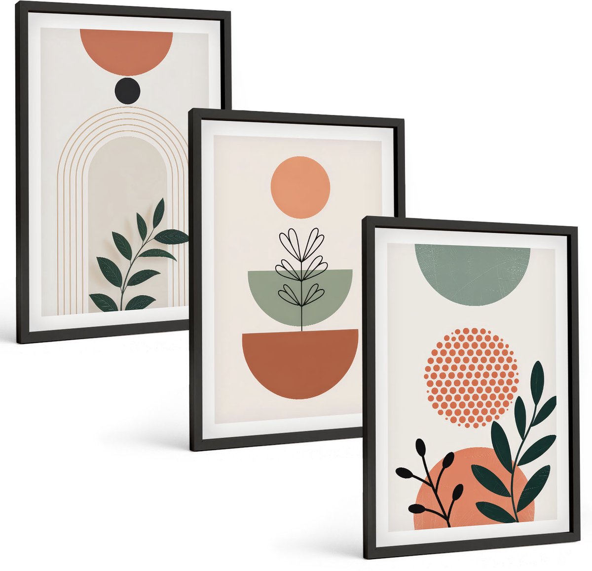 Coloray 3-Delige Schilderij Set - Plantmotieven In Moderne Vormen En Kleuren - 40 x 60 cm - Muurdecoratie - Schilderijen Set - Woonkamer - Decoratieve Schilderijen