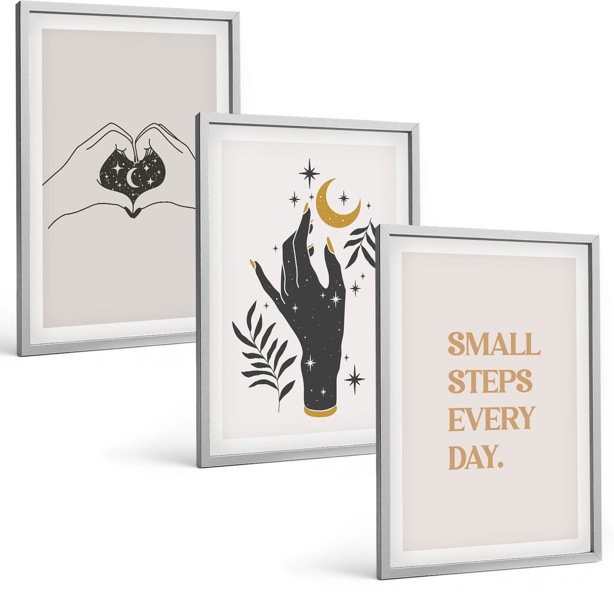 Coloray 3-Delige Schilderij Set - Minimalistische Illustraties Die Boho-Tekst Inspireren - 40 x 60 cm - Muurdecoratie - Wanddecoratie - Hal - Interieur Decoratie