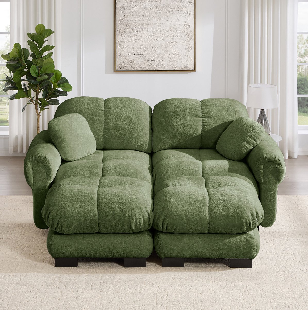 REDOM - U-bank - 2-zits - Chenille bekleding - Gestikt patroon - Dikke zitkussens - Verplaatsbare voetenbank - Woonkamer - Groen - 190 x 149 x 90 cm