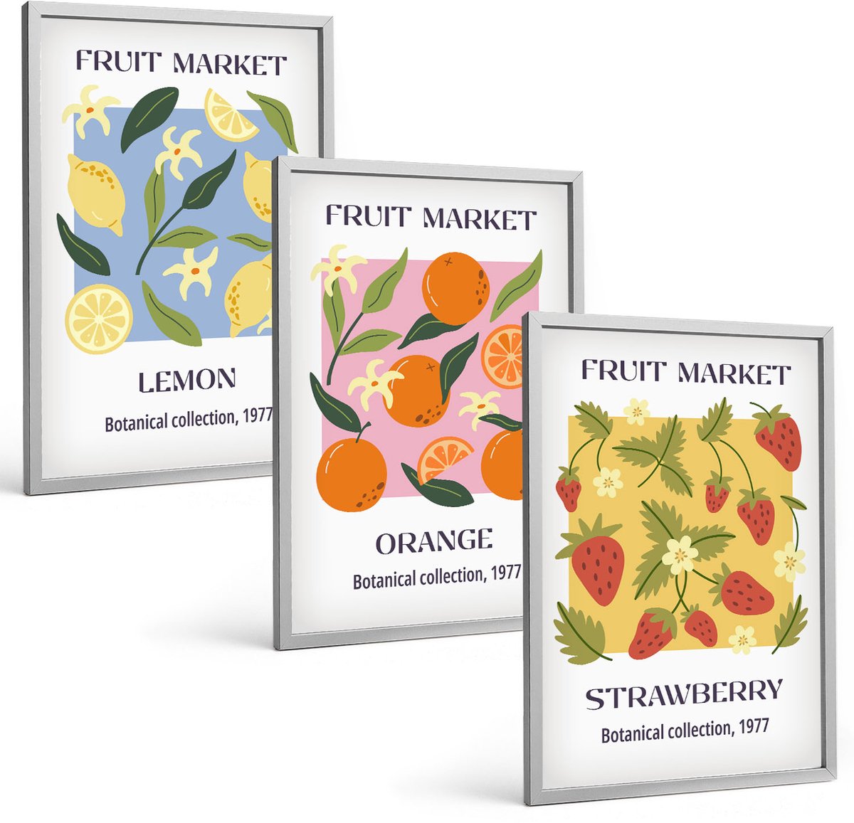 Coloray 3-Delige Schilderij Set - Fruitposters Met Citroenen, Sinaasappels En Aardbeien. - 40 x 60 cm - Moderne Wanddecoratie - Slaapkamer - Decoratieve Schilderijen