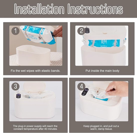 Babydoekjes verwarmer - 20×11,5×10 cm - Verwarmde Billendoekjes Houder Baby - Vochtige Doekjes Verwarmer - 5 Temperaturen 40-60°C & snel verwamer - Met Nachtlampje - Wipe Warmer - Wipe Box - Tissue Box - Grote Capaciteit - USB - Voor Baby, Thuis -Wit — afbeelding 5