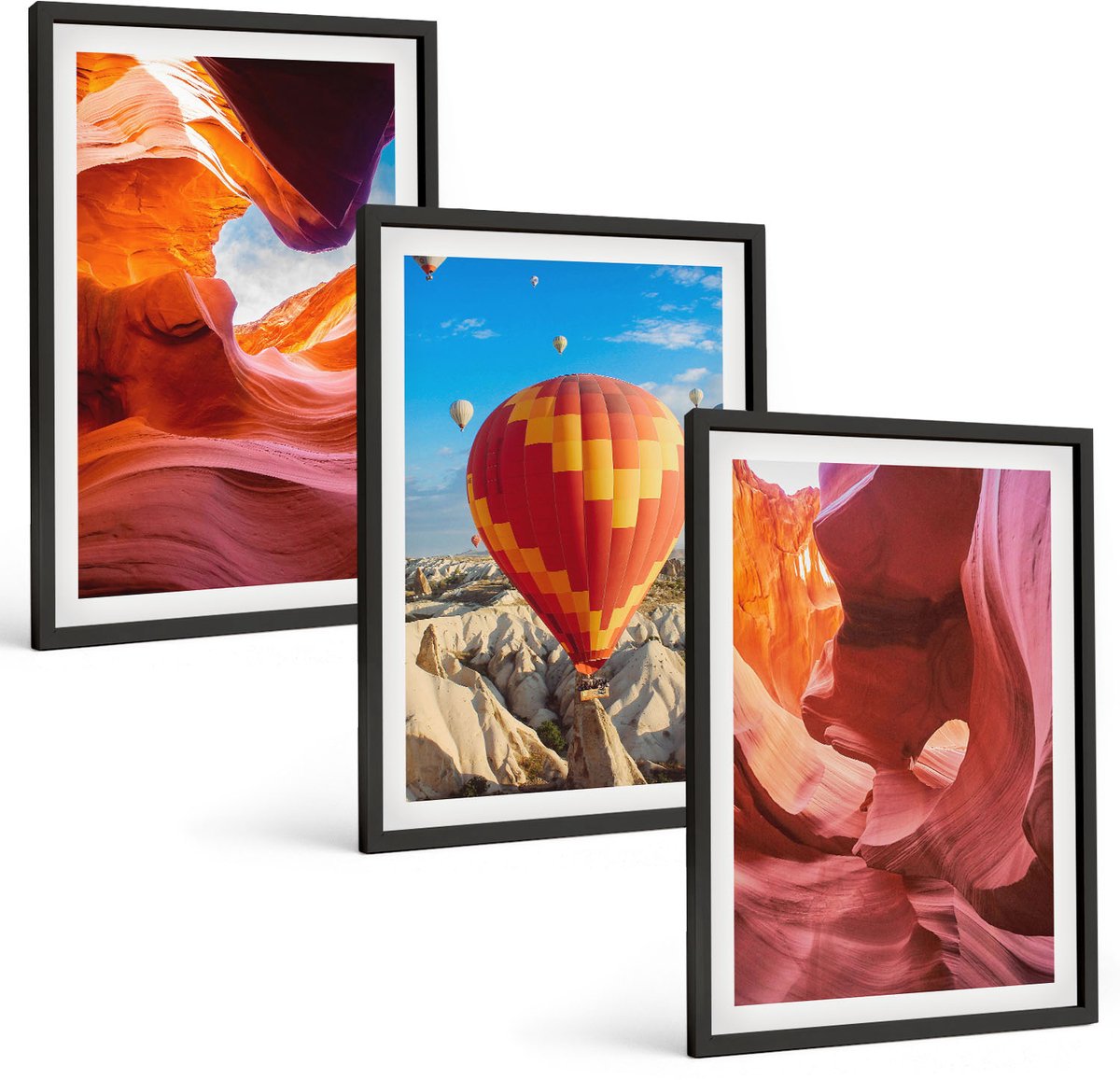 Coloray 3-Delige Schilderij Set - Woestijnklooflandschappen En Ballonvaart - 40 x 60 cm - Muurdecoratie - Interieur Decoratie - Decoratieve Schilderijen