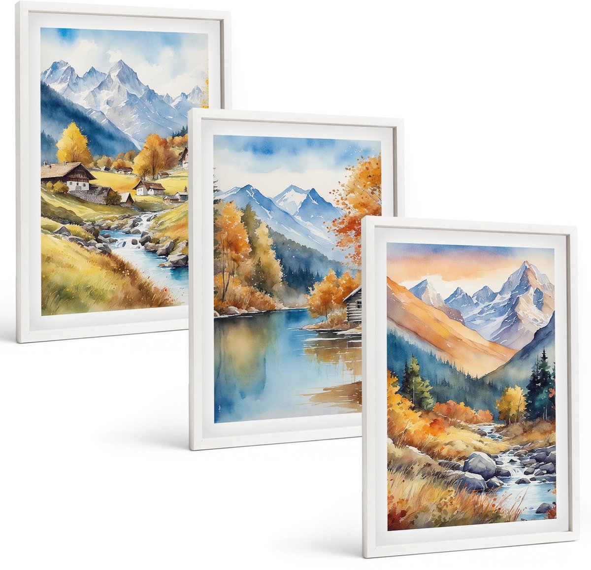Coloray 3-Delige Schilderij Set - Geschilderde Herfstbergen Met Een Rivier En Huisjes - 40 x 60 - Wanddecoratie - Woonkamer Decoratie
