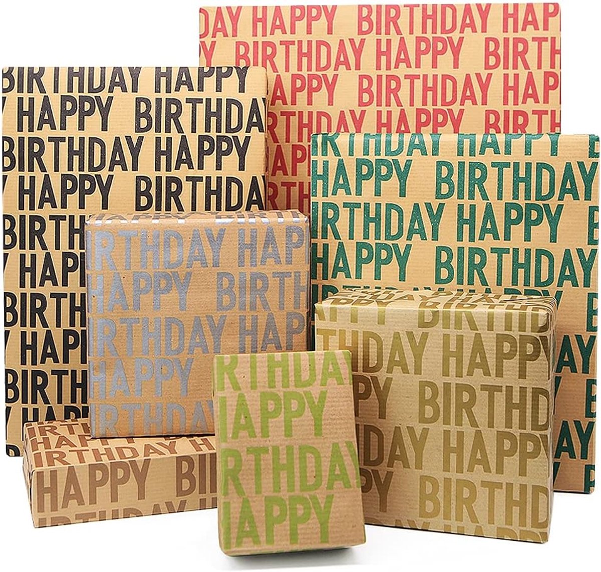 Dailygoods- Inpakpapier Verjaardag - Geschenkverpakking - 7 Vellen - Jute String - Kraft Gift Tags - Dubbele Maat Tape - Comfortabel aanraakgevoel - Cadeaupapier