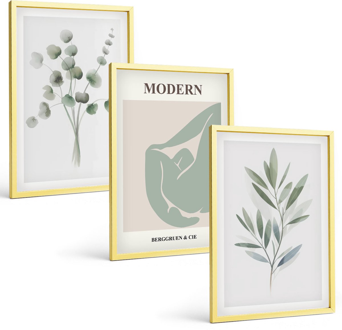 Coloray 3-Delige Schilderij Set - Plantmotieven In Delicate Groene Tinten - 40 x 40 cm En 40 x 60 cm - Wanddecoratie - Schilderijen Set - Kantoor - Muurdecoratie Gouden lijst