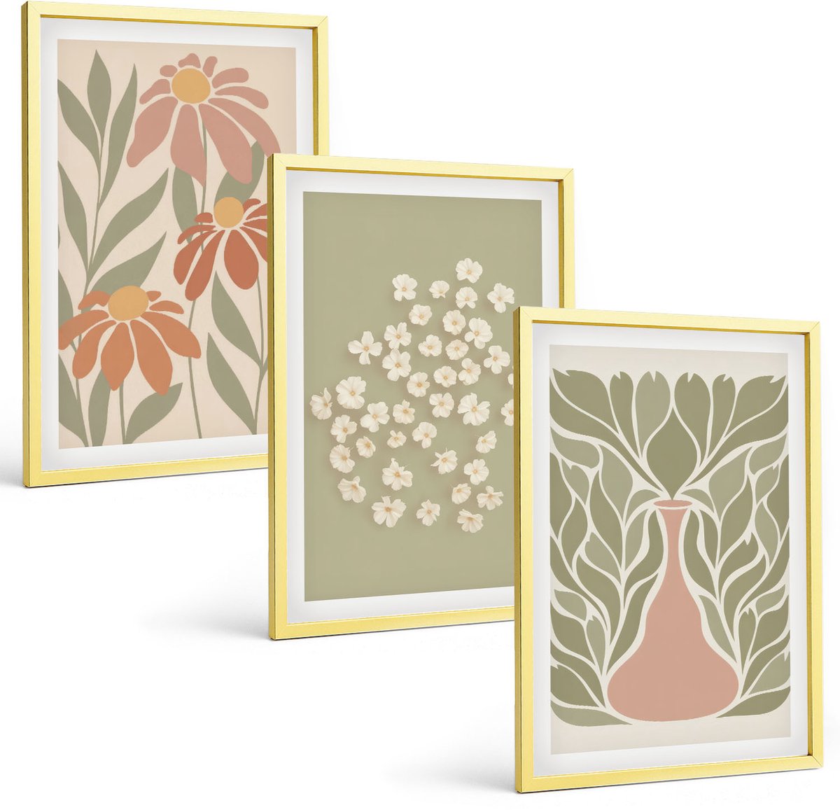 Coloray 3-Delige Schilderij Set - Bloemmotieven, Minimalistische Patronen, Boho-Stijl - 40 x 40 cm En 40 x 60 cm - Wanddecoratie - Muurdecoratie - Moderne Interieurdecoratie - Woonkamer Decoratie