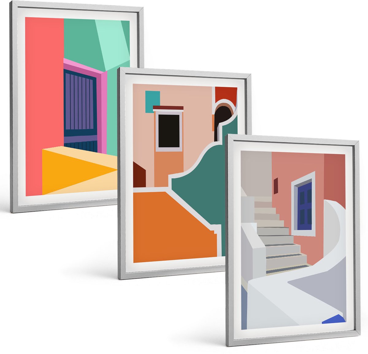 Coloray 3-Delige Schilderij Set - Kleurrijke Illustraties Van Gebouwen In Een Moderne Stijl. - 40 x 60 cm - Schilderijen Set - Wanddecoratie - Woonkamer - Moderne Wanddecoratie