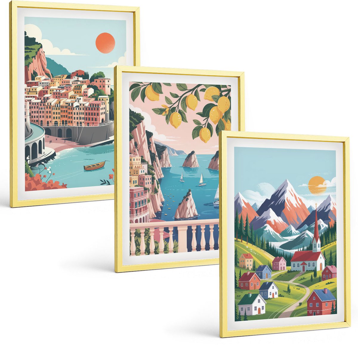 Coloray 3-Delige Schilderij Set - Rustige Stedelijke Uitzichten Op Gebouwen - 40 x 40 cm En 40 x 60 cm - Muurdecoratie - Schilderijen Set - Woonkamer - Interieur Decoratie