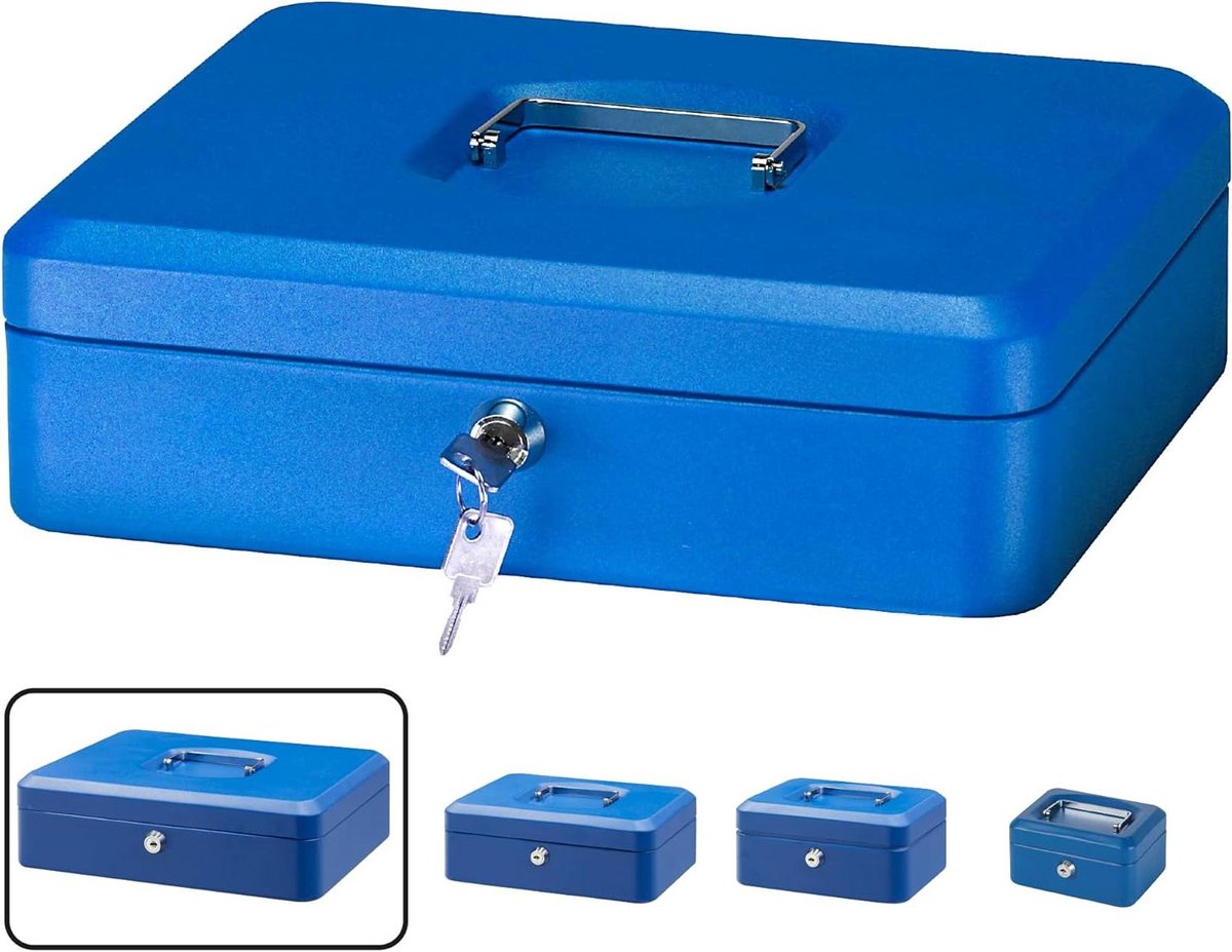 Geldkistje Staal - Geldkluisje Kassa - Veilig Opbergen - Met Muntinzetstuk - 30 cm Breed - Blauw