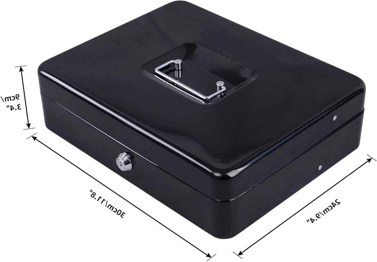 Geldkist met slot - Kassalade muntenbak - Geld bewaren - Verende bankbiljetklemmen - 30 x 24 x 9 cm - Zwart