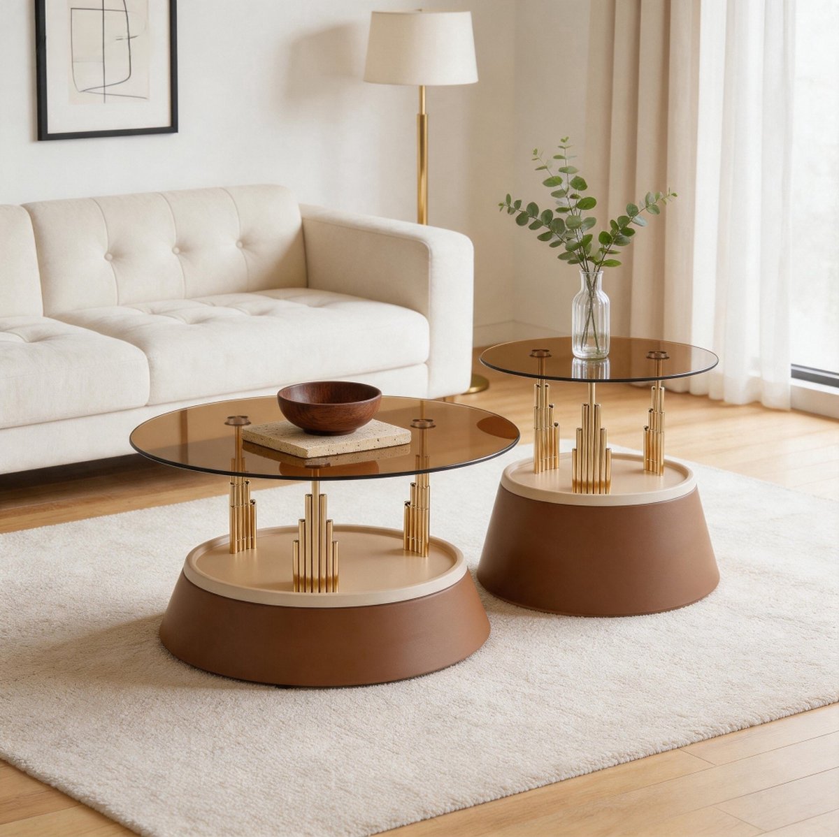 REDOM - Salontafel set van 2 - Rond glazen tafelblad - Nesting ontwerp - Ruimtebesparend - Modern - Woonkamer - Metaal en glas - Bruin - 70 x 60 x 48 cm