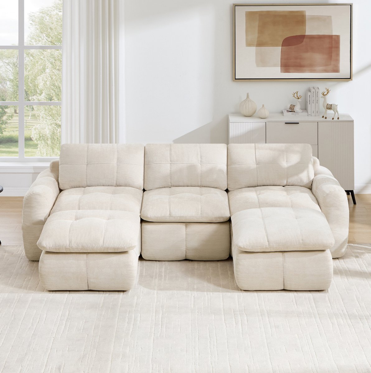 REDOM - U-bank - Modulair en frameloos - Vrij te combineren - Chenille bekleding - Woonkamer en appartement - Stof - Beige - 264 x 160 x 68 cm