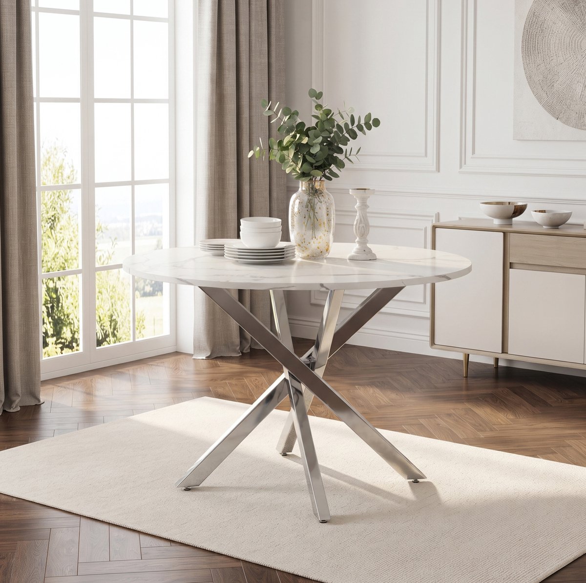 REDOM - Eettafel - Rond - Tafelblad in marmerlook - Metalen kruisvoet - Moderne stijl - Eetkamer - MDF - Wit/Zilver - 80 x 80 x 75 cm