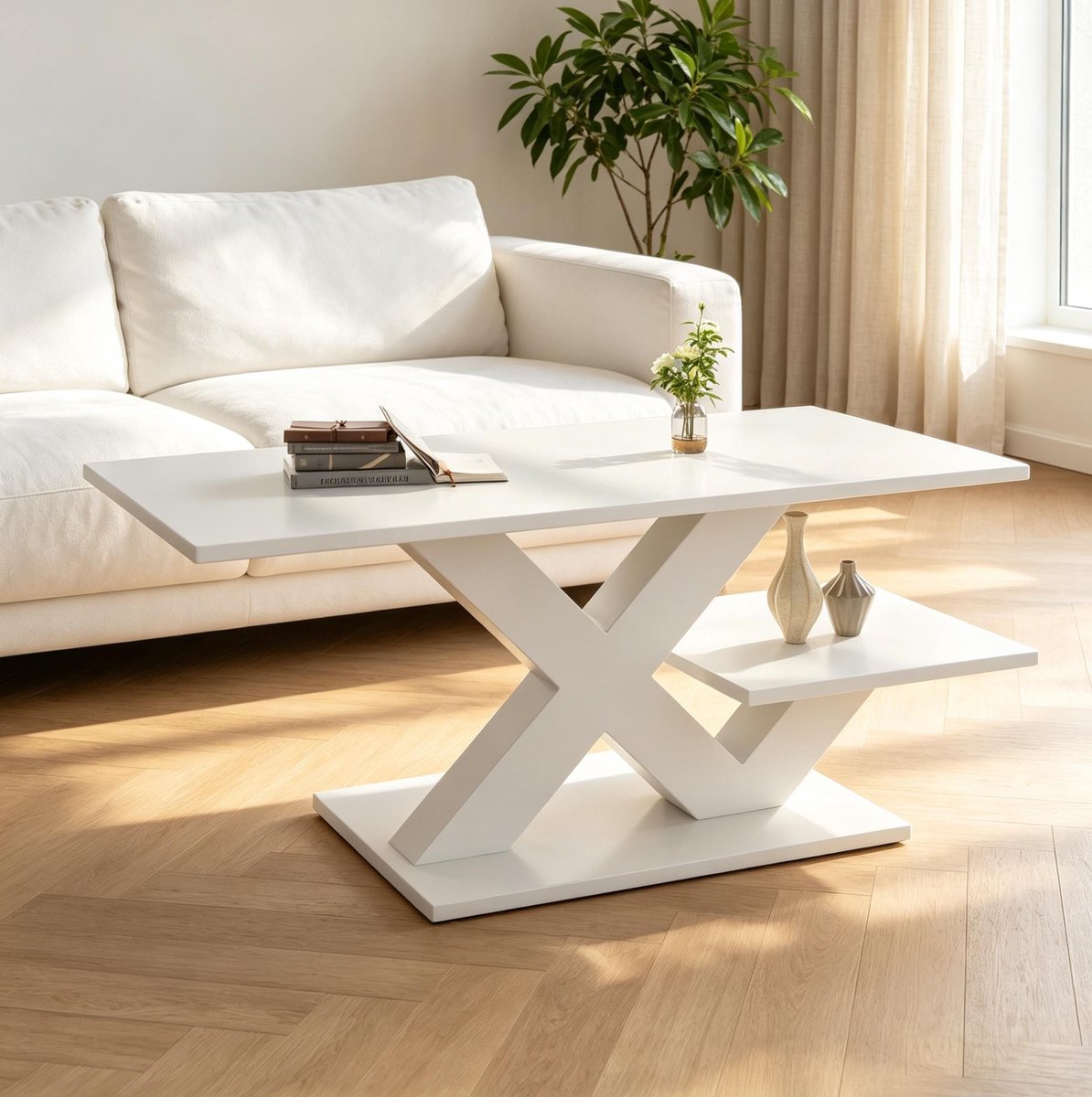 REDOM - Salontafel - X-vormig geometrisch onderstel - Dubbel tafelblad - Hoogglans - Modern - Woonkamer - MDF - Wit - 100 x 48 x 45 cm