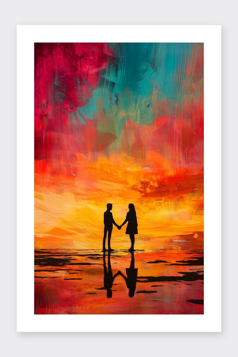 Zonsondergang Poster - Koppel - Hand in Hand - Romantisch - Natuur - Liefde - Aquarel - posters - formaat 30x40cm - Wanddecoratie - BXS5271BY - Met kader - passe-partouts stijl