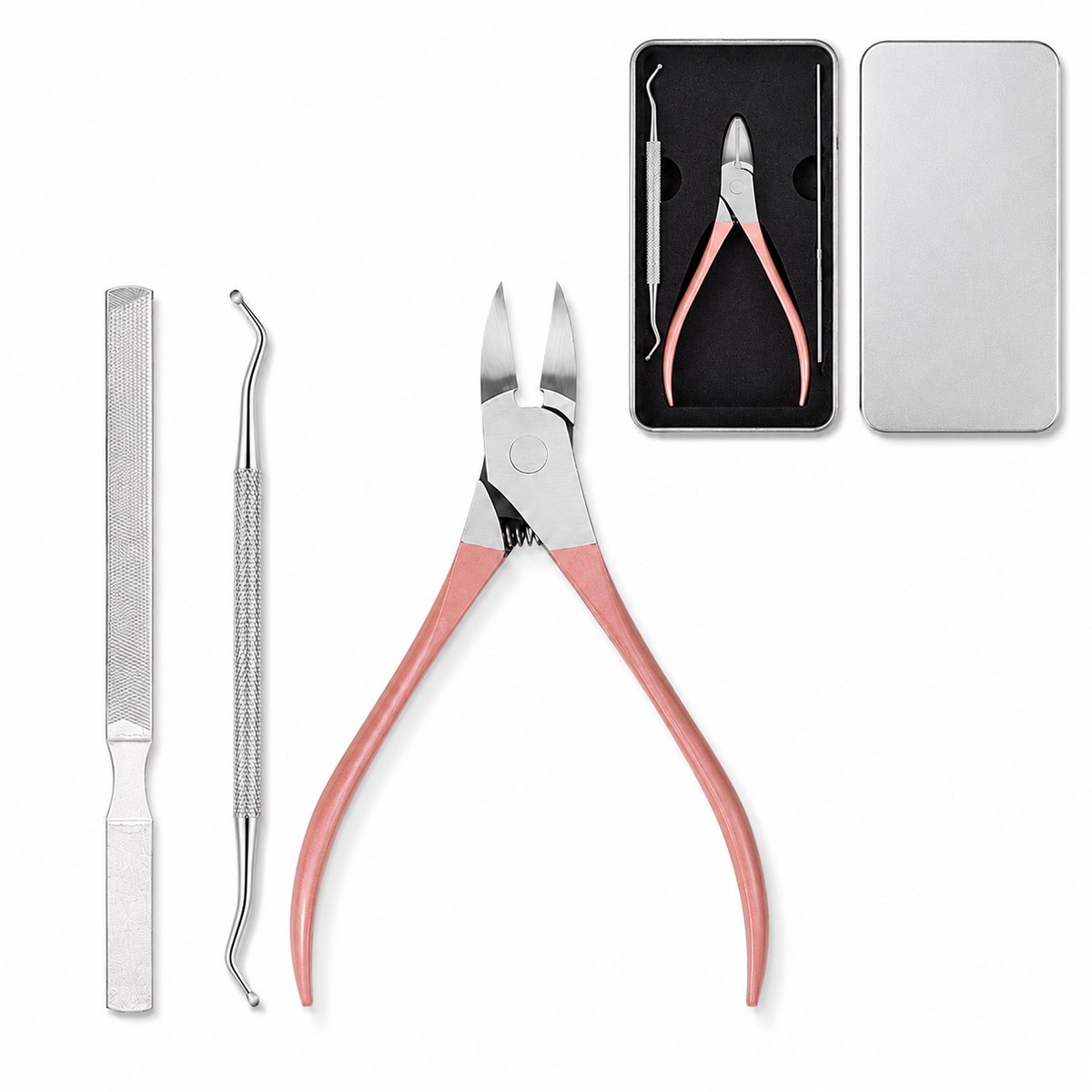 Nageltang voor Harde & Dikke Teennagels – RVS Teennagelknipper – Brede Opening – 4-delige Pedicureset - Metalen Opbergdoos - Roze