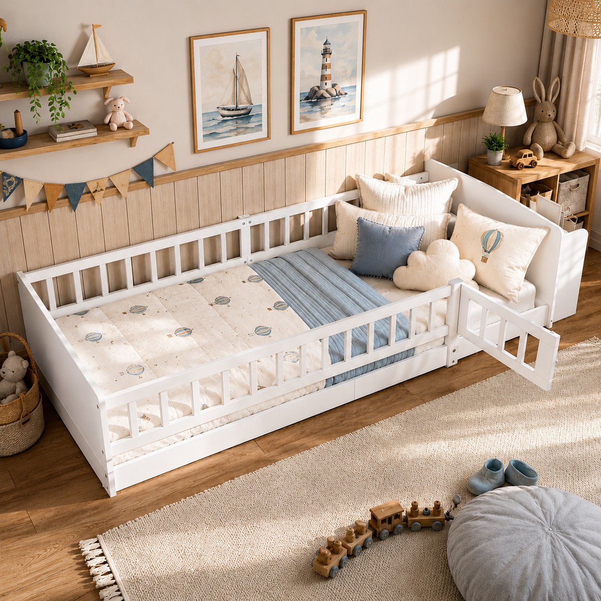 Welltin Kinderbed 90x200 cm - Eenpersoonsbed - Vloerbed - Grondbed - Multifunctioneel bed - Open opbergruimte - Met vangrail - Met planken - Dennenhout - Ruimtebesparend - Snelle montage - Wit