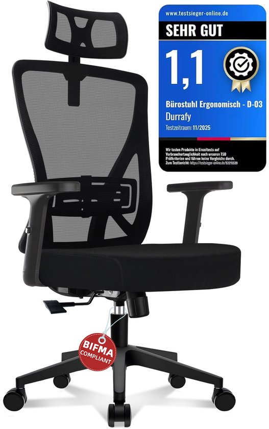 Zwarte ergonomische bureaustoel met hoofdsteun, ademend mesh en zachte zitting. Met 'Sehr Gut' testlabel.