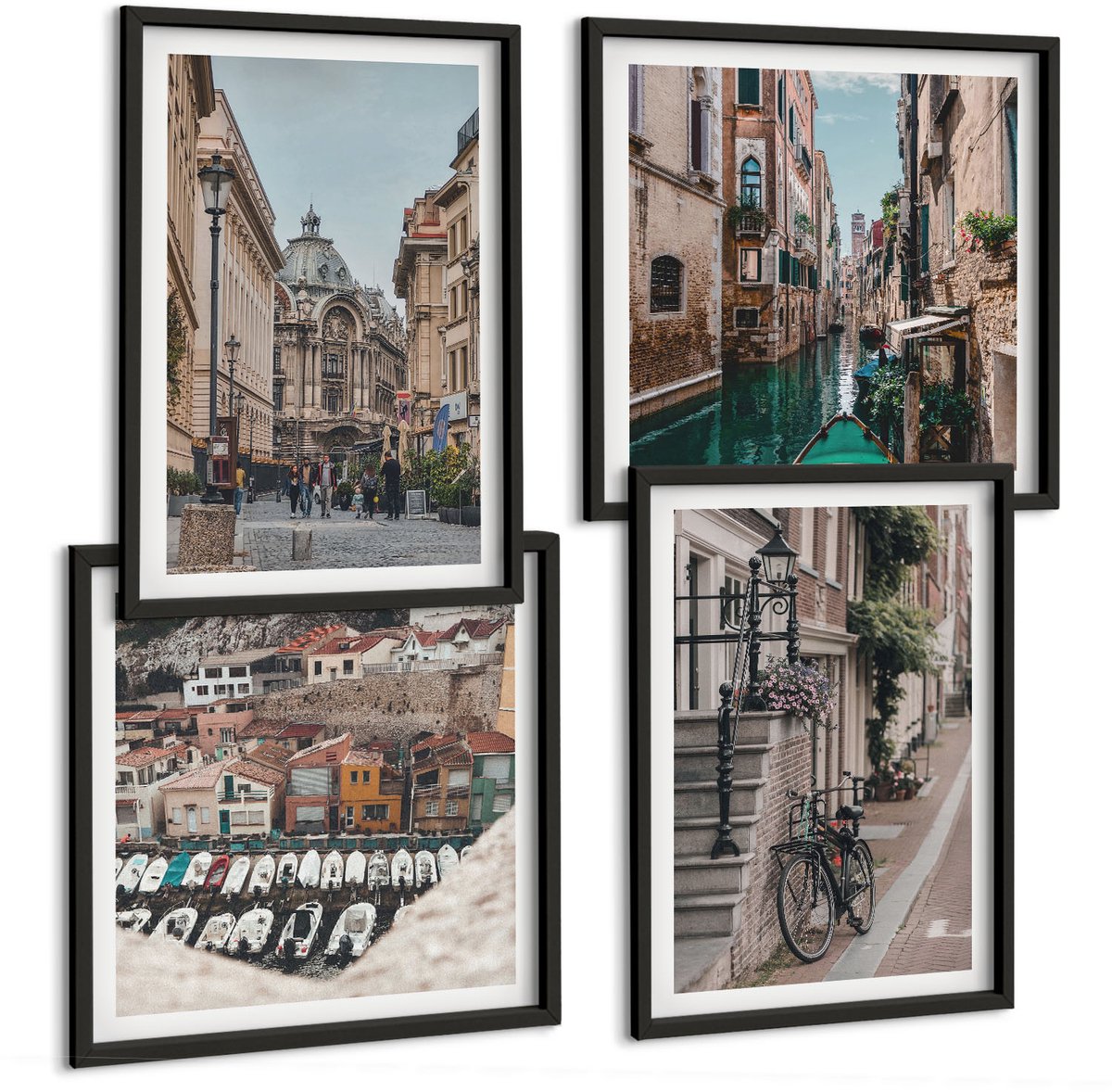 Coloray 4-Delige Schilderij Set - Sfeervolle Stadsstraten Met Uitzicht Op Havens En Gebouwen. - 40 x 40 cm En 40 x 60 cm - Stijlvolle Muurdecoratie - Slaapkamer Zwarte lijst
