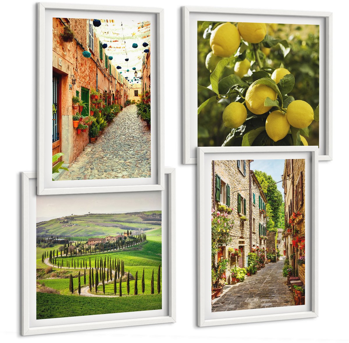 Coloray 4-Delige Schilderij Set - Sfeervolle Straatjes Met Bloemen En Citroenen Op De Achtergrond. - 40 x 40 En 40 x 60 - Stijlvolle Muurdecoratie - Slaapkamer - Decoratieve Schilderijen