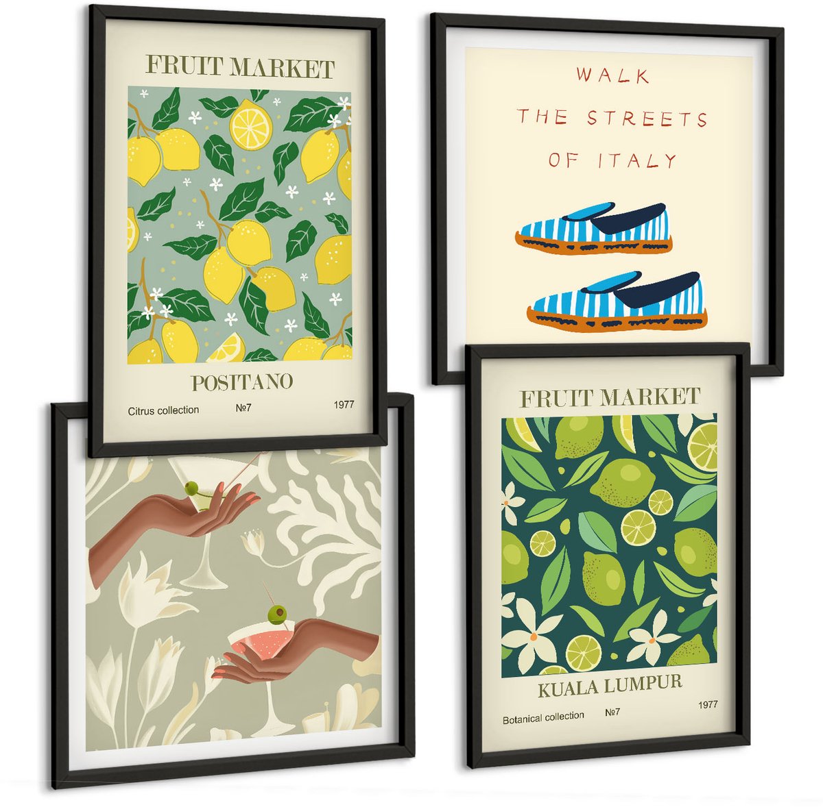 Coloray 4-Delige Schilderij Set - Fruitpatronen Italiaanse Cultuurposters - 40 x 40 cm En 40 x 60 cm - Decoratieve Muurdecoratie - Slaapkamer Zwarte lijst