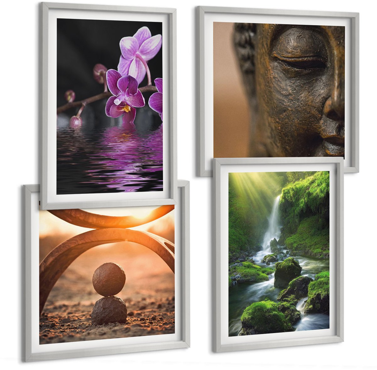 Coloray 4-Delige Schilderij Set - Bloemen In Het Water, Waterval Met Groene Rotsen, Boeddha - 40 x 40 cm En 40 x 60 cm - Muurdecoratie - Wanddecoratie - Slaapkamer - Decoratieve Schilderijen