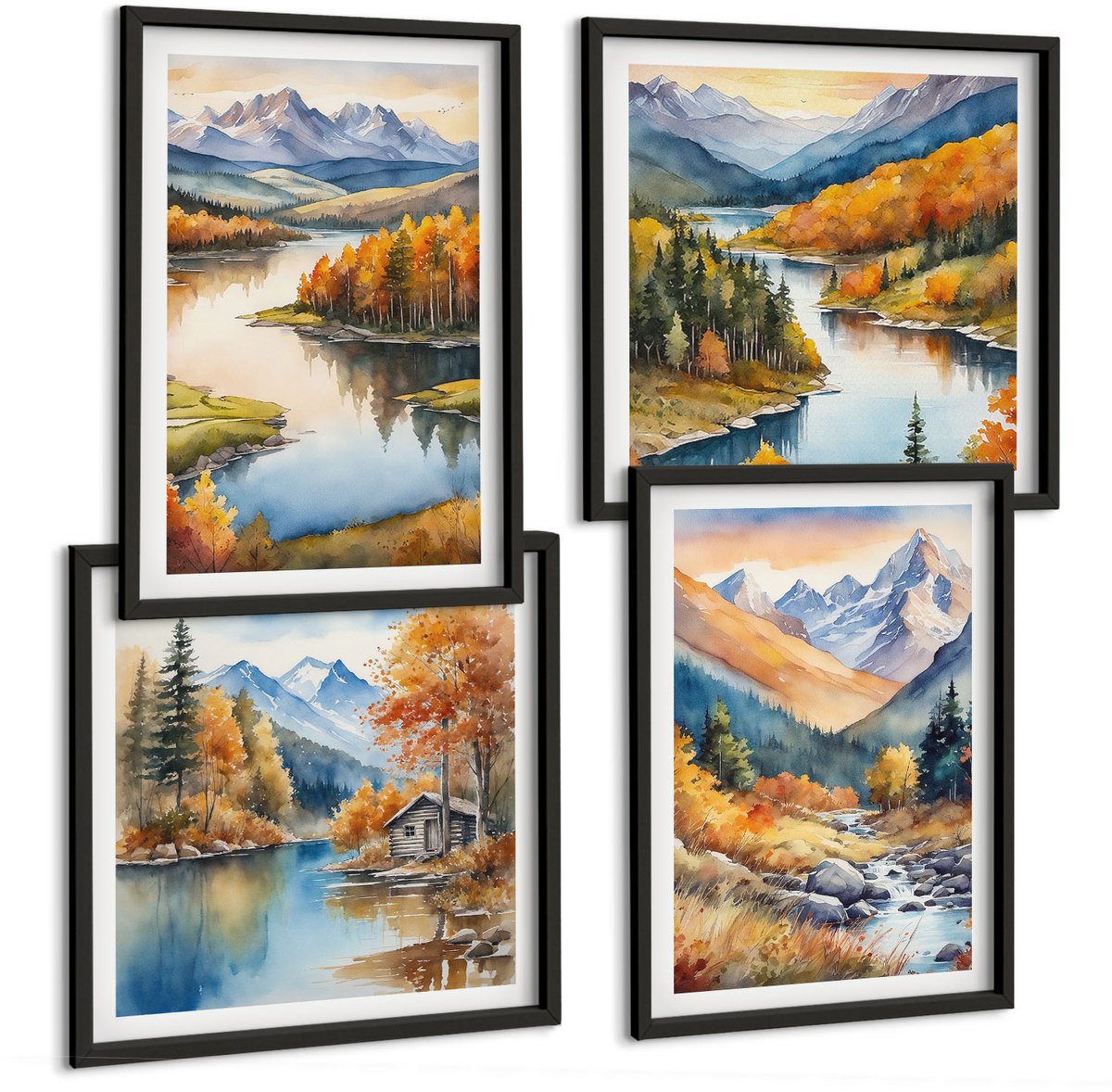 Coloray 4-Delige Schilderij Set - Uitzicht Op De Bergen Met Een Rivier En Herfstbomen. - 40 x 40 cm En 40 x 60 cm - Muurdecoratie - Wanddecoratie - Slaapkamer - Woonkamer Decoratie Zwarte lijst