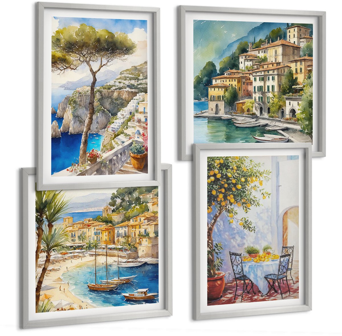 Coloray 4-Delige Schilderij Set - Italiaanse Kustplaatsen In Aquarelstijl - 40 x 40 cm En 40 x 60 cm - Wanddecoratie - Muurdecoratie - Moderne Interieurdecoratie