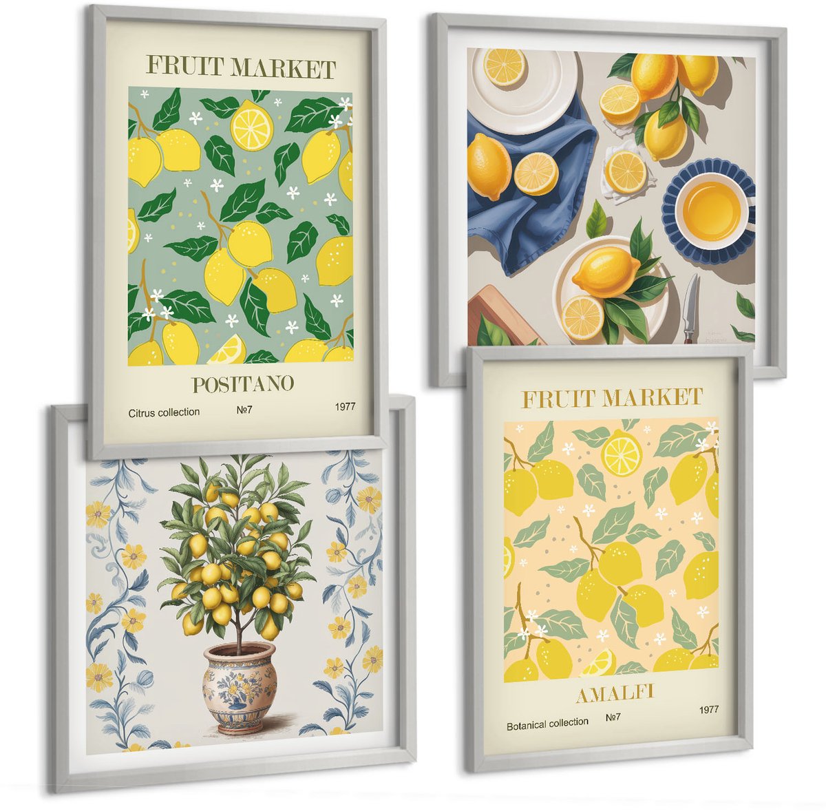 Coloray 4-Delige Schilderij Set - Italiaanse Posters Met Citrusbomen En Fruit - 40 x 40 cm En 40 x 60 cm - Decoratieve Muurdecoratie - Slaapkamer - Moderne Wanddecoratie