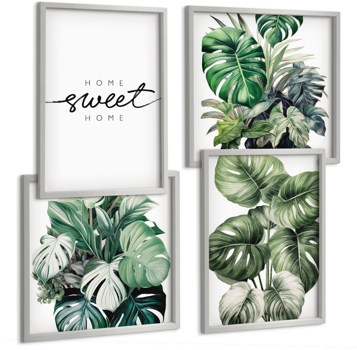 Coloray 4-Delige Schilderij Set - Planten In Het Groen Met De Woorden Sweet Home - 40 x 40 cm En 40 x 60 cm - Schilderijen Set - Wanddecoratie - Woonkamer - Moderne Wanddecoratie